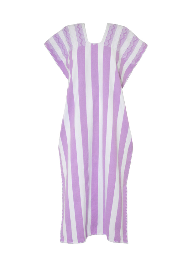 Pippa Holt Kaftan No.642 Single Panel Midi Kaftan In Lilac And White Stripes With White Motif Design