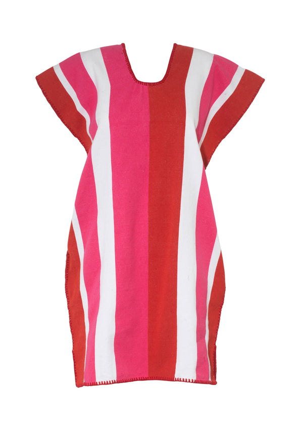Pippa Holt Kaftan No.643 Single Panel Mini Kaftan In Red White And Fuchsia Stripes Design