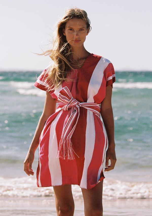 pippa holt Kaftan No.643 Single panel mini kaftan in red white and fuchsia stripes design