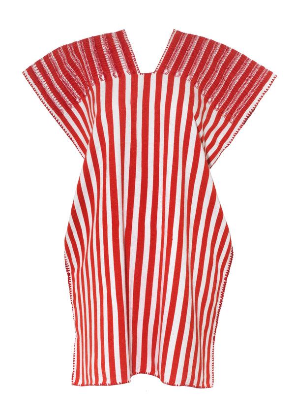 Pippa Holt Kaftan No.647 Single Panel Mini Kaftan In Red And White Stripes With Red Motif Design