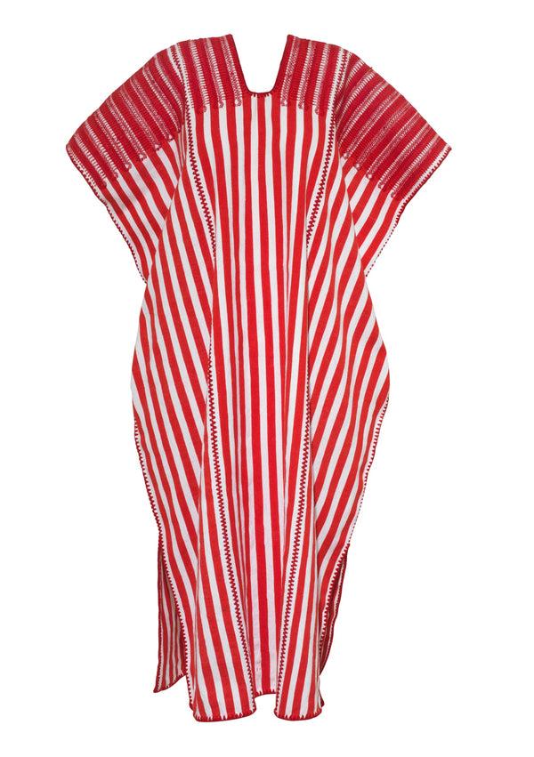 Pippa Holt Kaftan No.649 Three Panel Midi Kaftan In Red And White Stripes With Red Motif Design