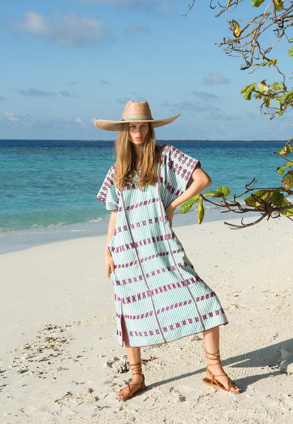 Pippa Holt Kaftan No.65 Three Panel Midi Kaftan In Mint And White Stripe With Burgundy Design