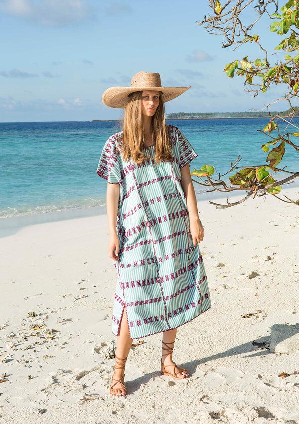 pippa holt Kaftan No.65 Three panel midi kaftan in mint and white stripe with burgundy design