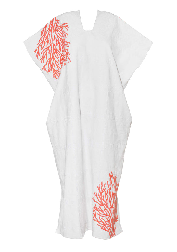 Pippa Holt Kaftan No.650 Three Panel Midi Kaftan In White With Pink Embroidery Coral Design