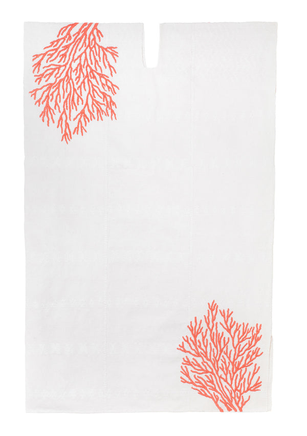 pippa holt Kaftan No.650 Three panel midi kaftan in white with pink embroidery coral design