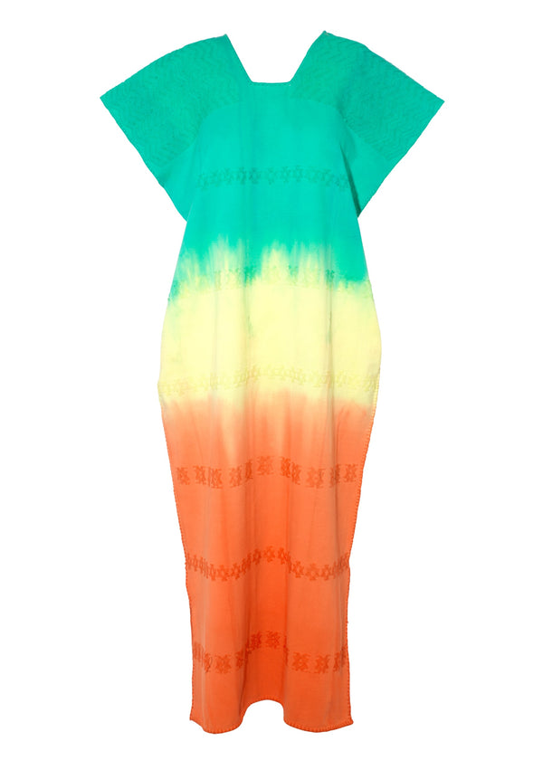 Pippa Holt Kaftan No.653 Single Panel Midi Kaftan In Aqua Cream And Orange Ombre Horizontal Design