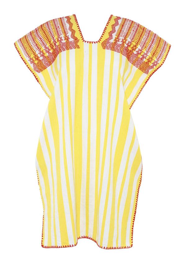 Pippa Holt Kaftan No.654 Single Panel Mini Kaftan In White And Yellow Stripes With Red Shoulder Design