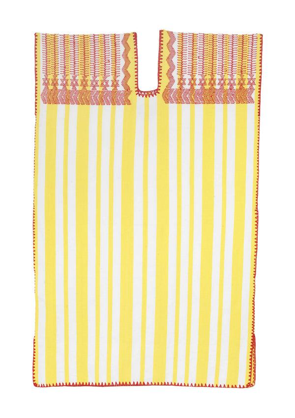 pippa holt Kaftan No.654 Single panel mini kaftan in white and yellow stripes with red shoulder design