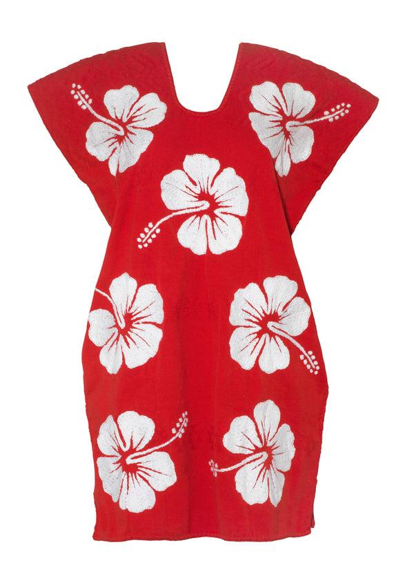 Pippa Holt Kaftan No.655 Single Panel Mini Kaftan In Red With White Hibiscus Embroidery Design