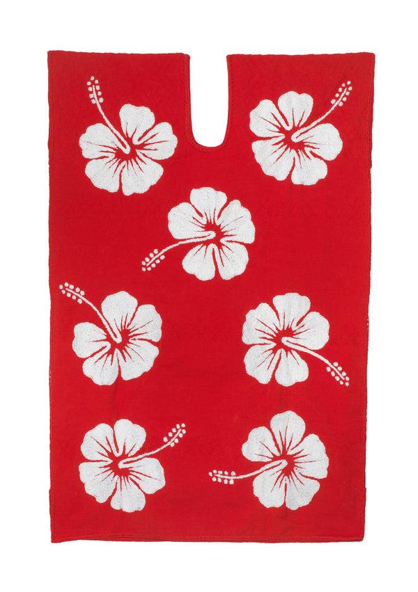 pippa holt Kaftan No.655 Single panel mini kaftan in red with white hibiscus embroidery design