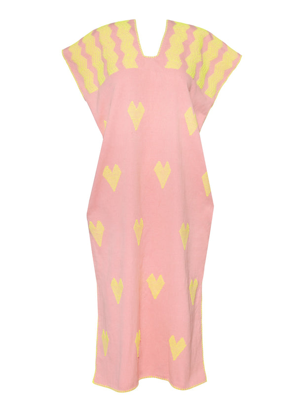 Pippa Holt Kaftan No.656 Single Panel Midi Kaftan In Pastel Pink With Neon Yellow Hearts