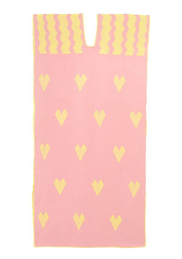 pippa holt Kaftan No.656 Single panel midi kaftan in pastel pink with neon yellow hearts