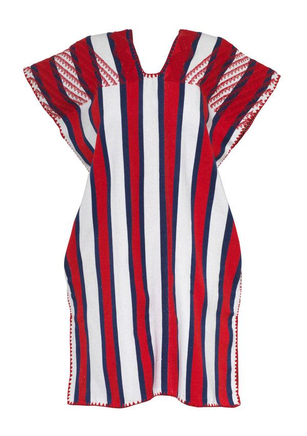 Pippa Holt Kaftan No.658 Single Panel Mini Kaftan In Red And White And Navy Stripes With Red Design