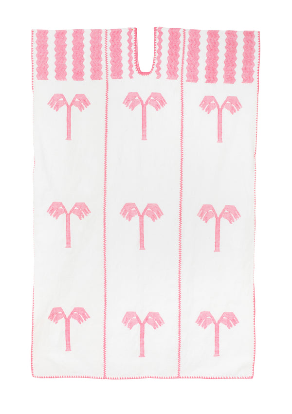Pippa Holt Kaftan No.660 Three Panel Midi Kaftan In White With Pink Realistic Palm Motifs