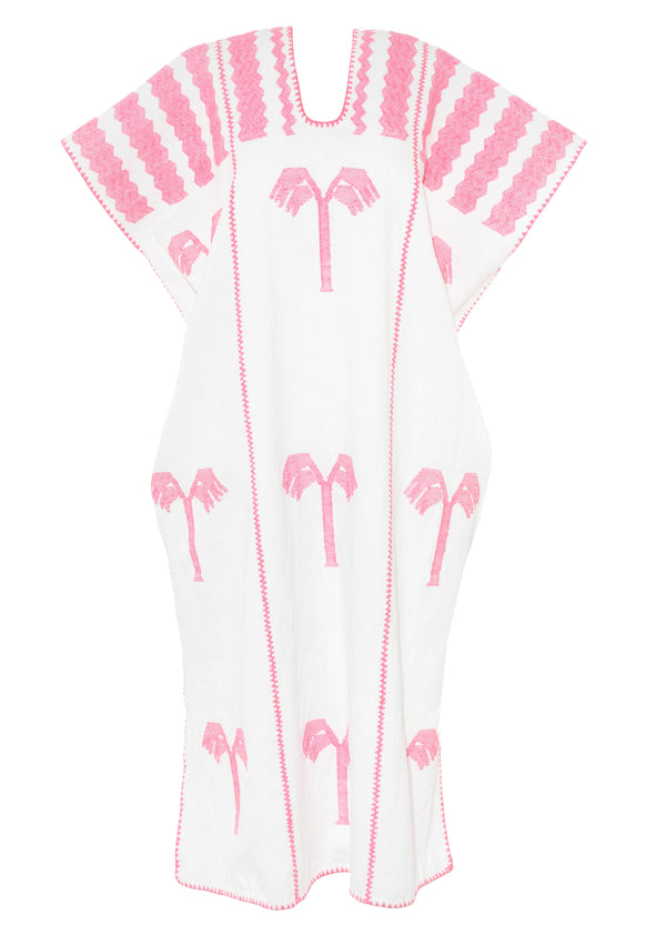 Pippa Holt Kaftan No.660 Three Panel Midi Kaftan In White With Pink Realistic Palm Motifs