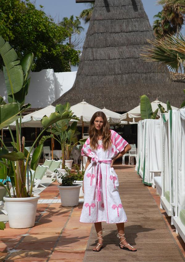 pippa holt Kaftan No.660 Three panel midi kaftan in white with pink realistic palm motifs