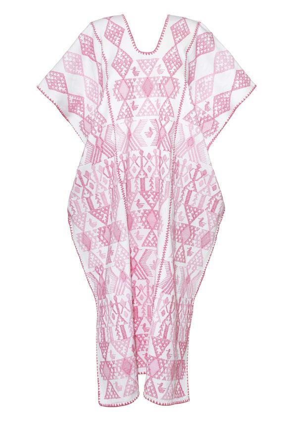 Pippa Holt Kaftan No.662 Three Panel Midi Kaftan In White With Pink Duck Design