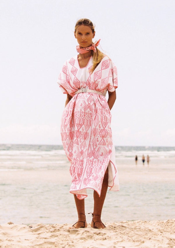 pippa holt Kaftan No.662 Three panel midi kaftan in white with pink duck design