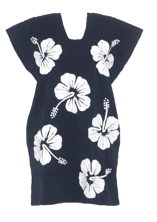 Pippa Holt Kaftan No.664 Single Panel Mini Kaftan In Navy With White Hibiscus Embroidery Design