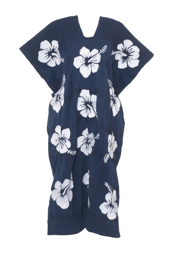 Pippa Holt Kaftan No.665 Three Panel Midi Kaftan In Navy With White Hibiscus Embroidery Design
