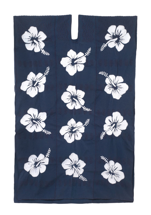 pippa holt Kaftan No.665 Three panel midi kaftan in navy with white hibiscus embroidery design