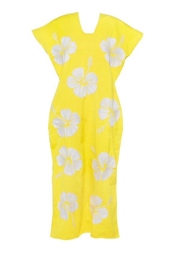 Pippa Holt Kaftan No.666 Single Panel Midi Kaftan In Yellow With White Hibiscus Embroidery Design