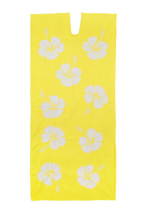 pippa holt Kaftan No.666 Single panel midi kaftan in yellow with white hibiscus embroidery design
