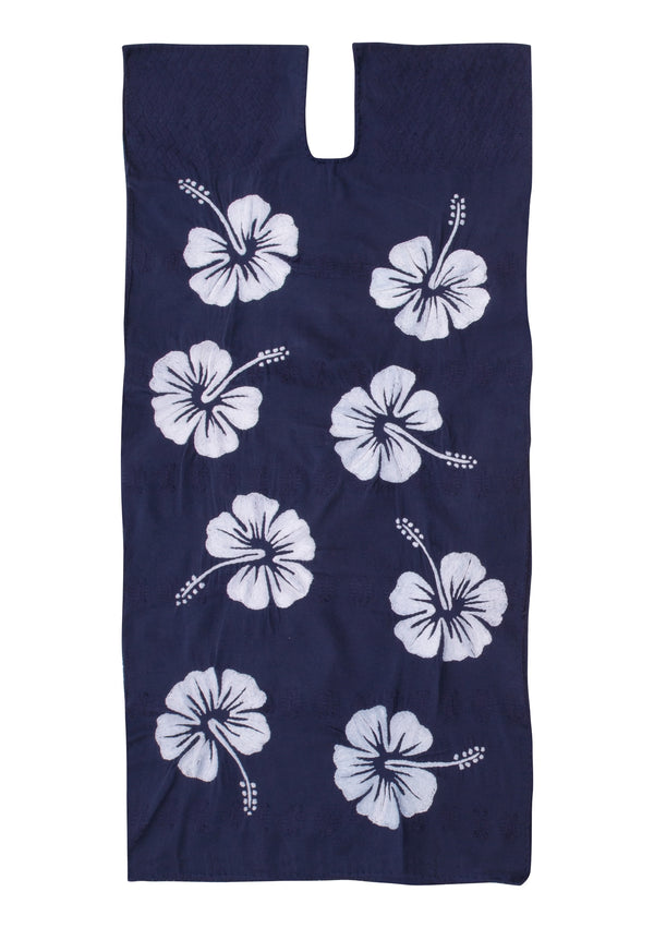 Pippa Holt Kaftan No.667 Single Panel Midi Kaftan In Navy With White Hibiscus Embroidery Design