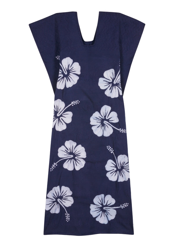 Pippa Holt Kaftan No.667 Single Panel Midi Kaftan In Navy With White Hibiscus Embroidery Design