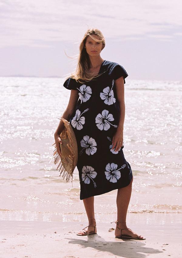 pippa holt Kaftan No.667 Single panel midi kaftan in navy with white hibiscus embroidery design