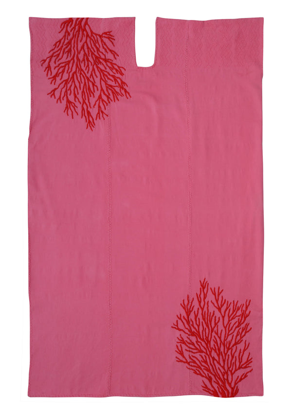 Pippa Holt Kaftan No.668 Three Panel Midi Kaftan In Pink With Red Embroidery Coral Design