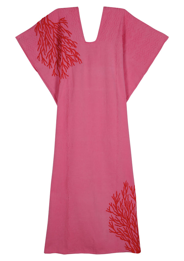 Pippa Holt Kaftan No.668 Three Panel Midi Kaftan In Pink With Red Embroidery Coral Design