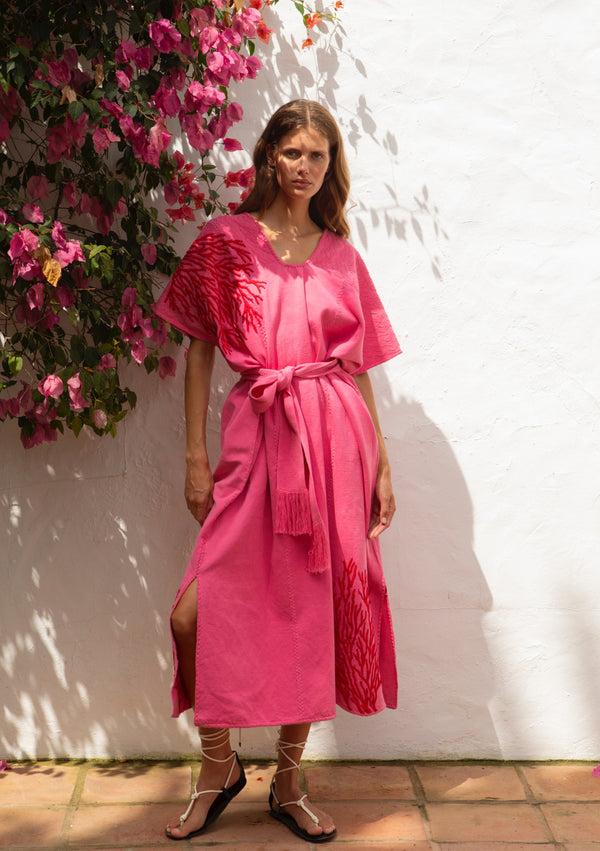pippa holt Kaftan No.668 Three panel midi kaftan in pink with red embroidery coral design