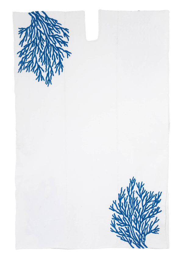 Pippa Holt Kaftan No.672 Three Panel Midi Kaftan In White With Blue Embroidery Coral Design