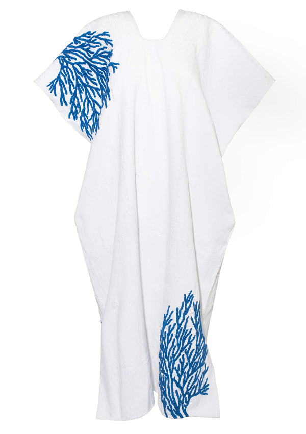 Pippa Holt Kaftan No.672 Three Panel Midi Kaftan In White With Blue Embroidery Coral Design