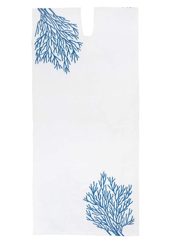 Pippa Holt Kaftan No.673 Single Panel Midi Kaftan In White With Blue Embroidery Coral Design