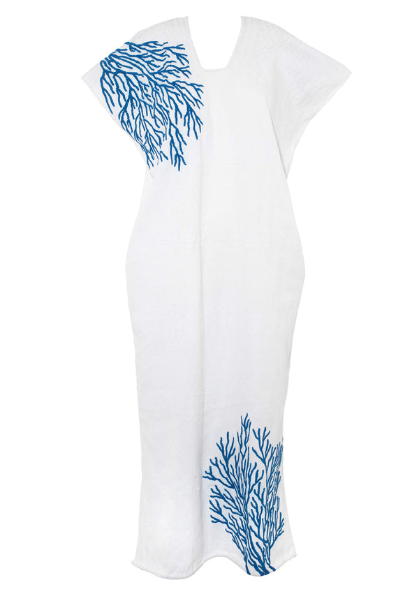 Pippa Holt Kaftan No.673 Single Panel Midi Kaftan In White With Blue Embroidery Coral Design