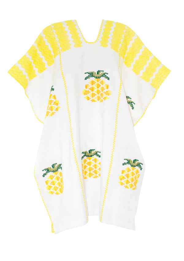 Pippa Holt Kaftan No.679 Three Panel Mini Kaftan In White With Large Yellow And Orange Pineapple Motifs