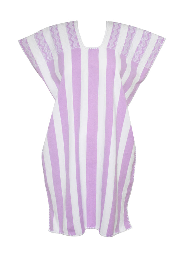 Pippa Holt Kaftan No.682 Single Panel Mini Kaftan In Lilac And White Stripes With White Motif Design
