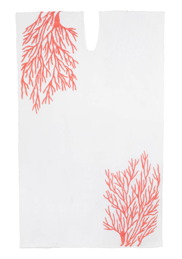 Pippa Holt Kaftan No.683 Single Panel Mini Kaftan In White With Pink Embroidery Coral Design