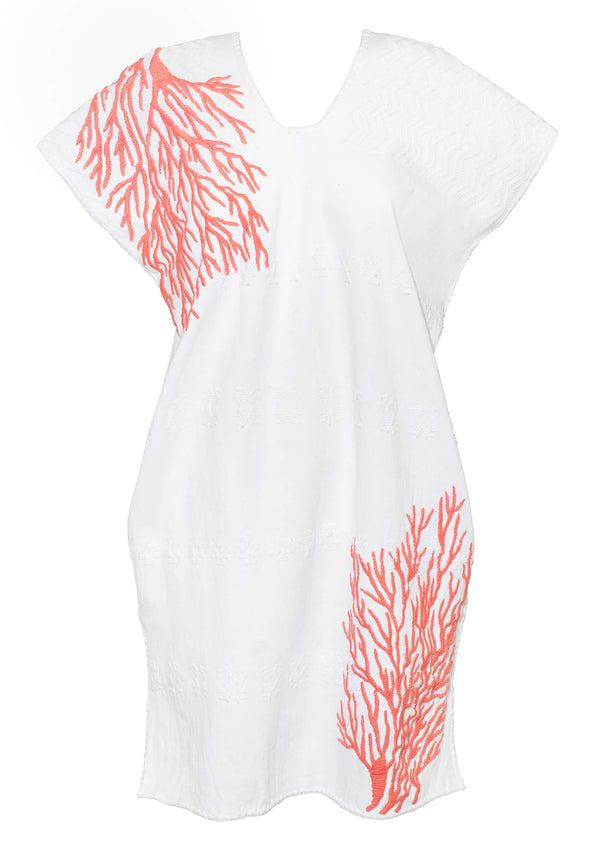 Pippa Holt Kaftan No.683 Single Panel Mini Kaftan In White With Pink Embroidery Coral Design