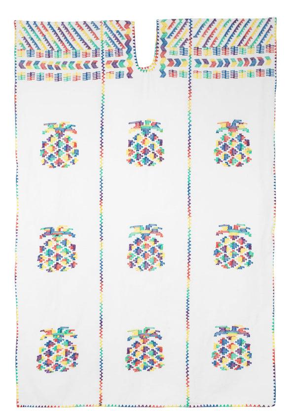 Pippa Holt Kaftan No.686 Three Panel Midi Kaftan In White With Multicoloured Pineapple Design