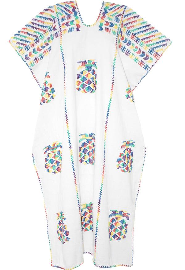 Pippa Holt Kaftan No.686 Three Panel Midi Kaftan In White With Multicoloured Pineapple Design