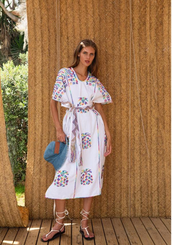 pippa holt Kaftan No.686 Three panel midi kaftan in white with multicoloured pineapple design