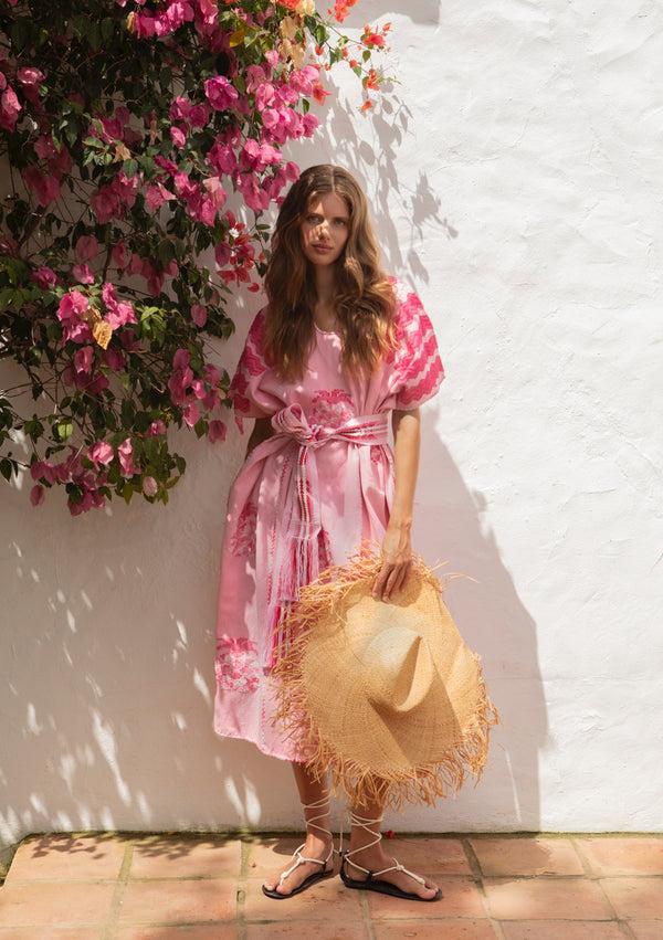 pippa holt Kaftan No.688 Three panel midi kaftan in pink with pink and white pineapple design