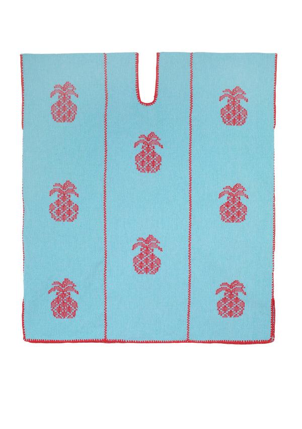 Pippa Holt Kaftan No.689 Three Panel Mini Kaftan In Baby Blue With Pineapple Red Design