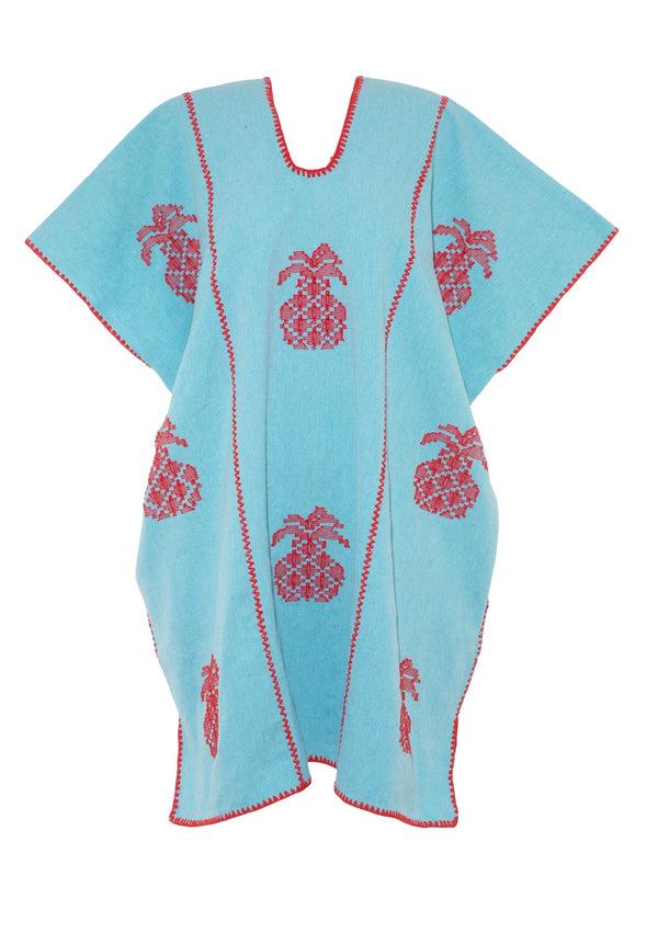 Pippa Holt Kaftan No.689 Three Panel Mini Kaftan In Baby Blue With Pineapple Red Design