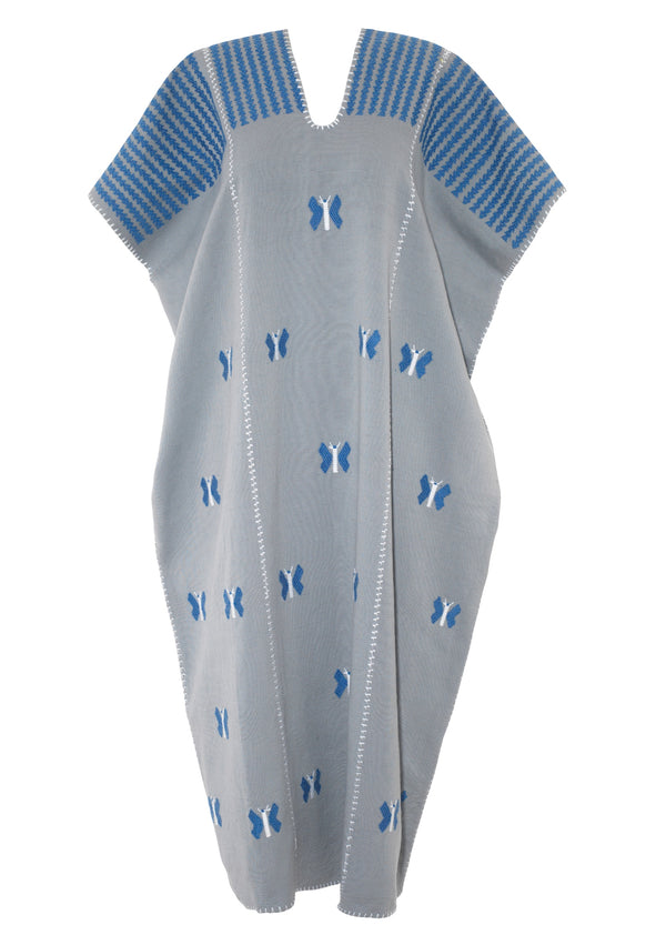 Pippa Holt Kaftan No.690 Three Panel Midi Kaftan In Cloudy Blue With Blue And White Butterfly Design