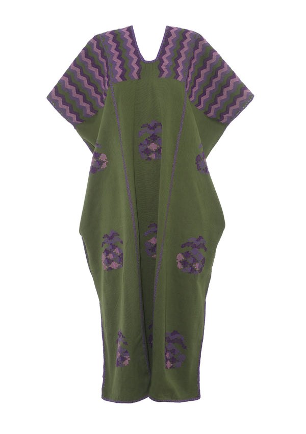 Pippa Holt Kaftan No.692 Three Panel Midi Kaftan In Khaki With Purple And Lilac Pineapple Design
