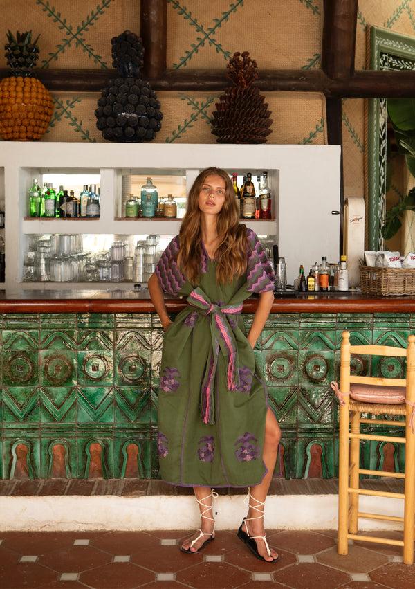 pippa holt Kaftan No.692 Three panel midi kaftan in khaki with purple and lilac pineapple design